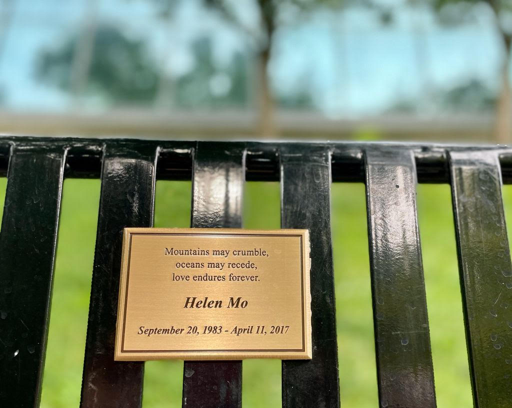 Photo courtesy Saliha Chattoo Helen Mo bench plaque
