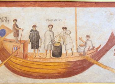Ancient image of ship with people measuring grain