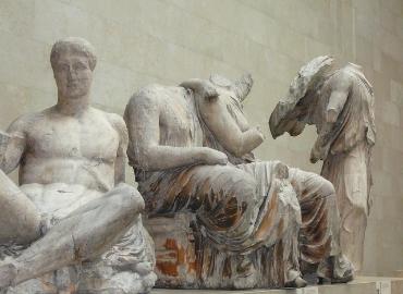 Statuary from the east pediment of the Parthenon. Part of the collection of Parthenon Marbles on display at the British Museum.